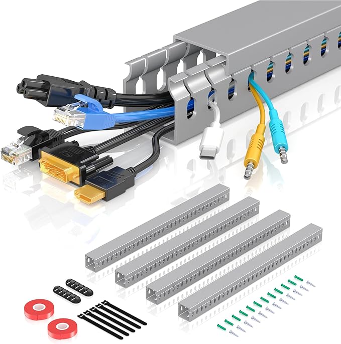 Open Slot Wire Duct Kit, 62.8"(4 x 15.7) Server Rack Cable Management, Cable Management Raceway for Hide Network HDMI VGA Cable, Wiring Raceway Cable Duct, Desk Wire Channel, 4 Pack, Grey