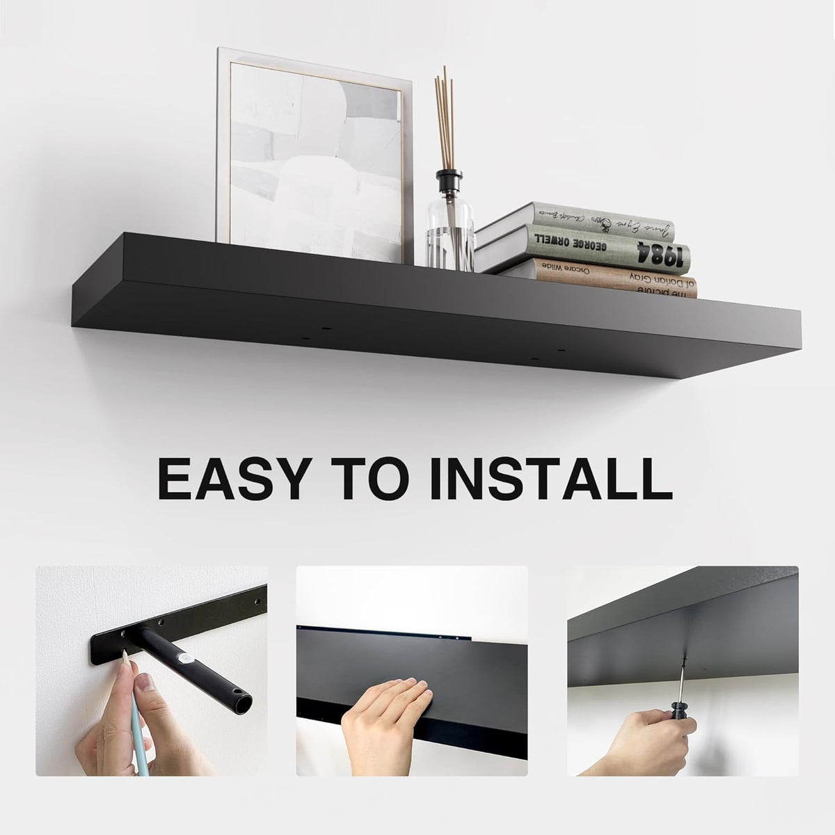 Colima Floating Shelves for Wall Black Wood Wall Shelf for Bedroom, 24 Inch Wall Mounted Floating Shelves for Bathroom Living Room Kitchen Office, 1.3" Thick Floating Book Shelves for Wall, Set of 3