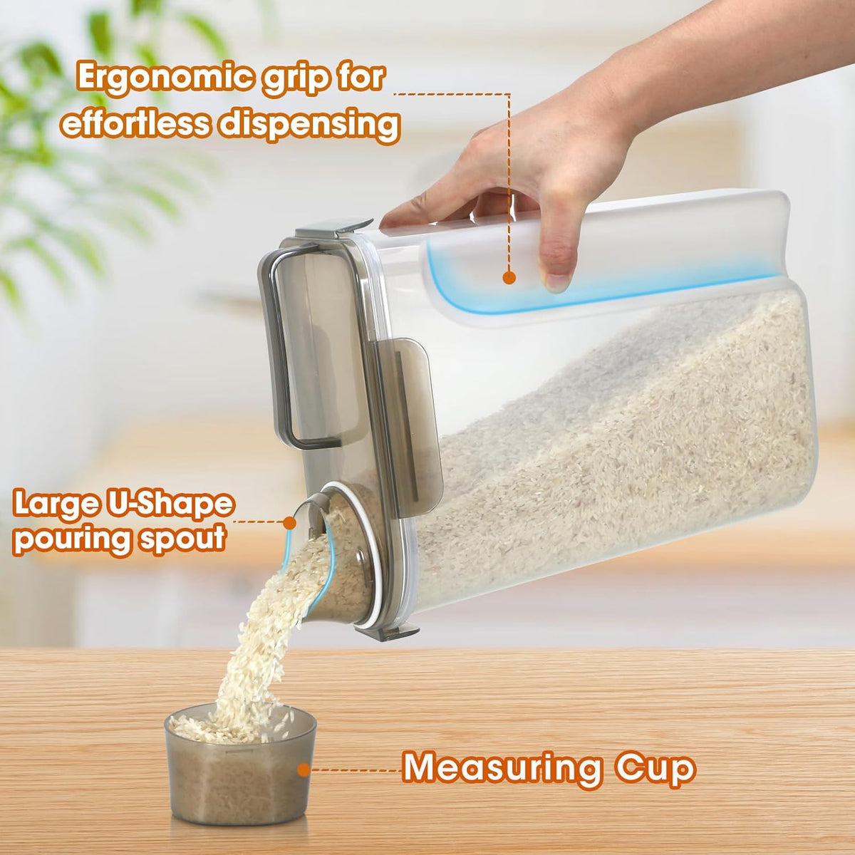 Rice Storage Container 10 Lbs, Airtight Food Dispenser with Large Spout and Cup for Rice, Cereal, Flour, Oatmeal, Pet Dog Cat Food Storage