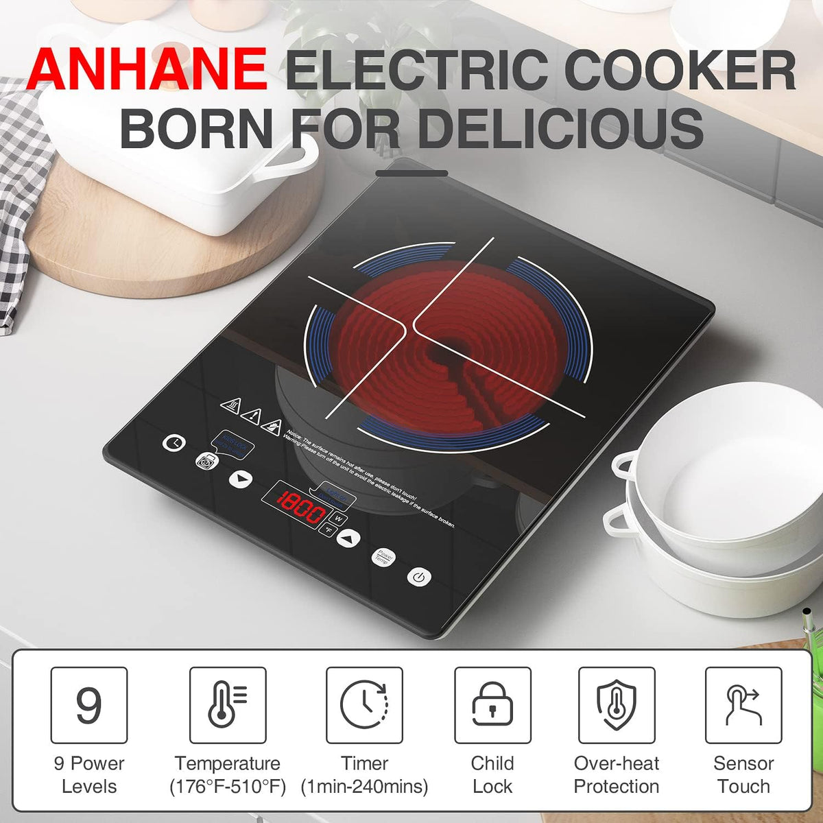 Electric Cooktop 110v,Single Burner Electric Stove Infrared Cooktop Hot Plate 1800W,4-Hour Setting,Black Crystal Glass Surface Compatible for All Cookware