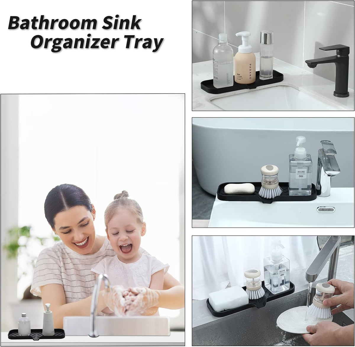 Silicone Bathroom Soap Dishes with Drain Spout-Bathroom and Kitchen Sink Organizer,Sponge Holder,Dish Soap Tray,Perfect for Dispenser,Scrubber,Bottle,Cup on Sink or Counter-Black 12"×4"