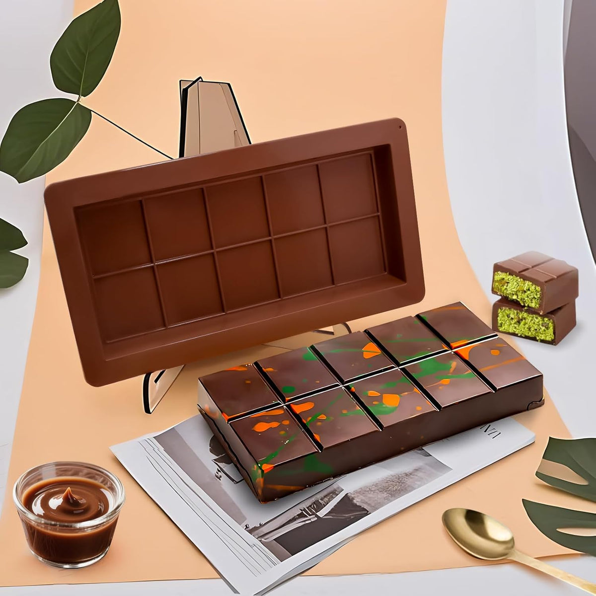 2 PCS Dubai Chocolate Bar Mold, Silicone Chocolate Mold 1 Inch Deep, dubai chocolate bar pistachio for Stuffed Bar with Scraper