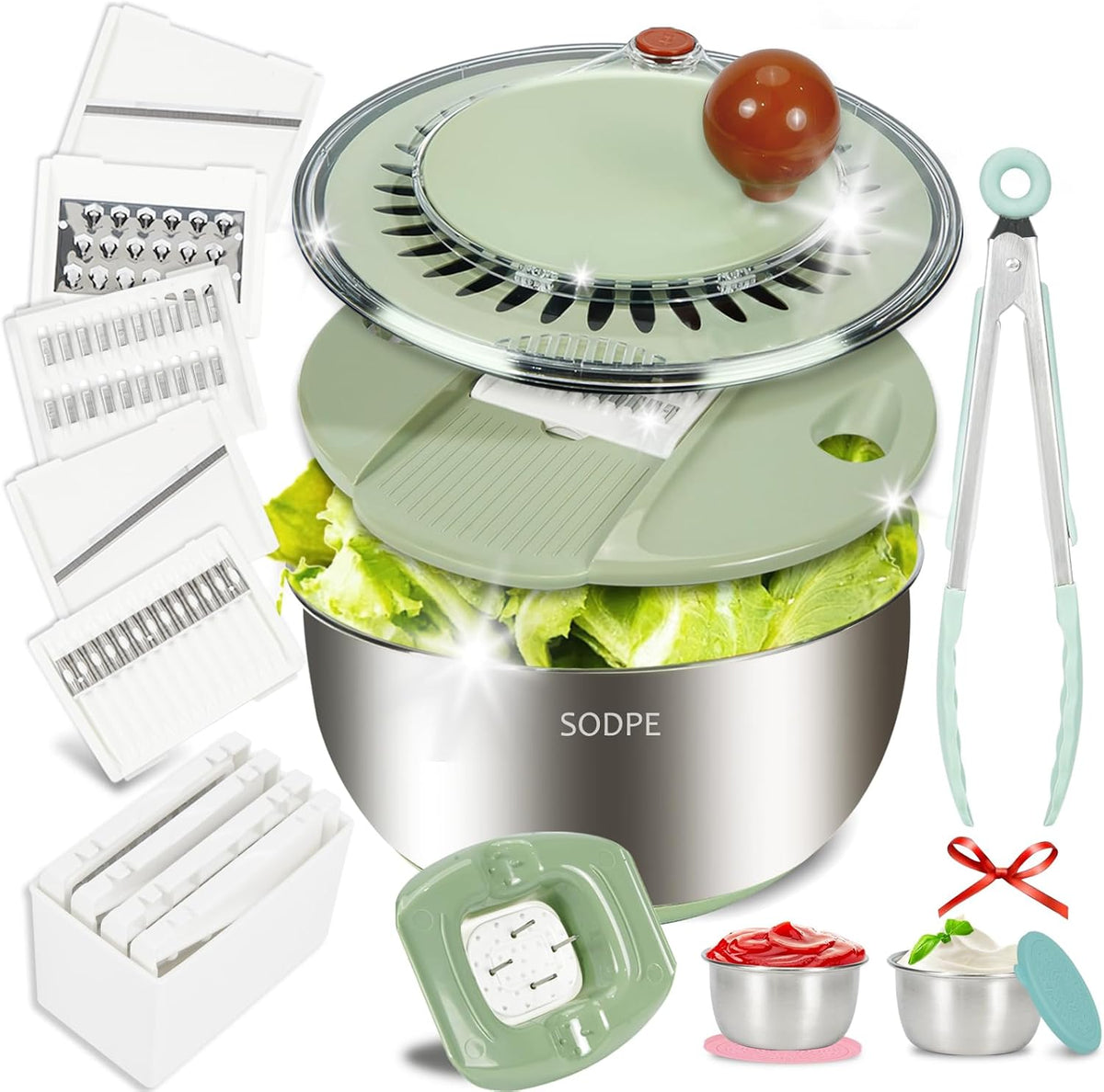 Stainless Steel Salad Spinner Large with 5 Blades Slicer, Lettuce Washer Spinner and Dryer, Vegetable Fruits Chopper Bowl, Egg Yolk Strainer Comes with Dipping Saucers and Clip, 5.3Qt