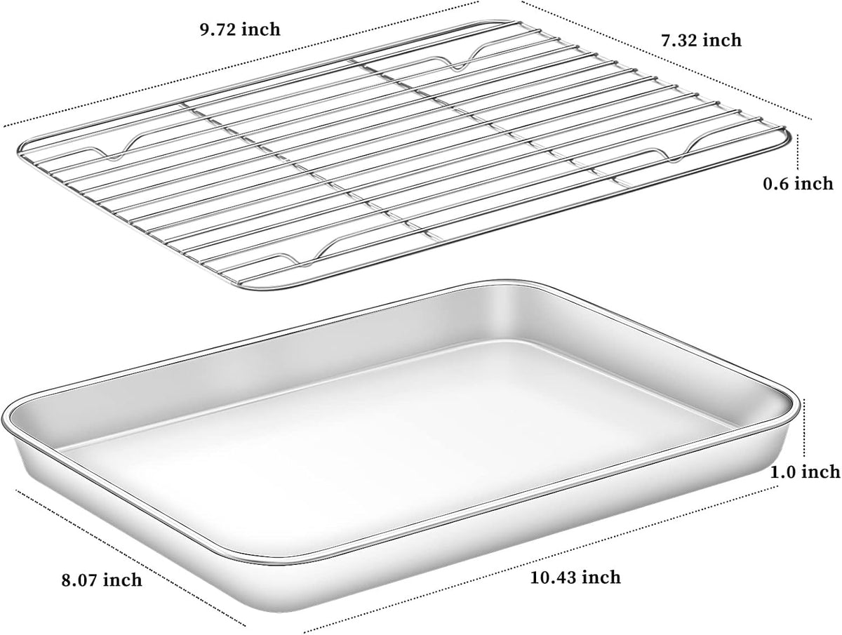 Deedro Baking Sheet with Rack Set [2 Sheets + 2 Racks], Stainless Steel Cookie Half Sheets Baking Pan Oven Tray with Cooling Rack, 10 x 8 x 1 Inch, Heavy Duty, Non-toxic, Easy Clean