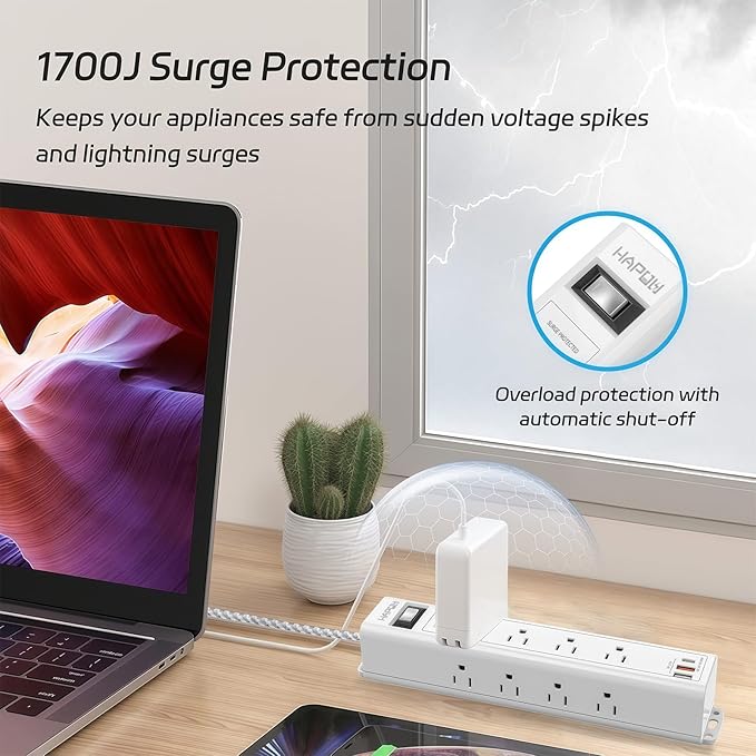 Surge Protector Power Strip 5 FT Extension Cord with Multiple Outlets - 12 Widely AC Outlets and 3 USB Ports, Flat Plug, Wall Mount Outlet Extender with 1700J Overload Protection, ETL Listed