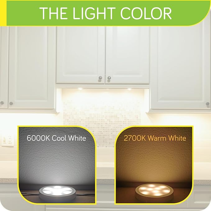 LED Puck Lights Kit for Under Cabinet Lighting, Octopus Connection, On/Off Switch, Plug in & Hardwired, 120V AC Powered to DC12V, White Cords, 14 Lights, Warm White