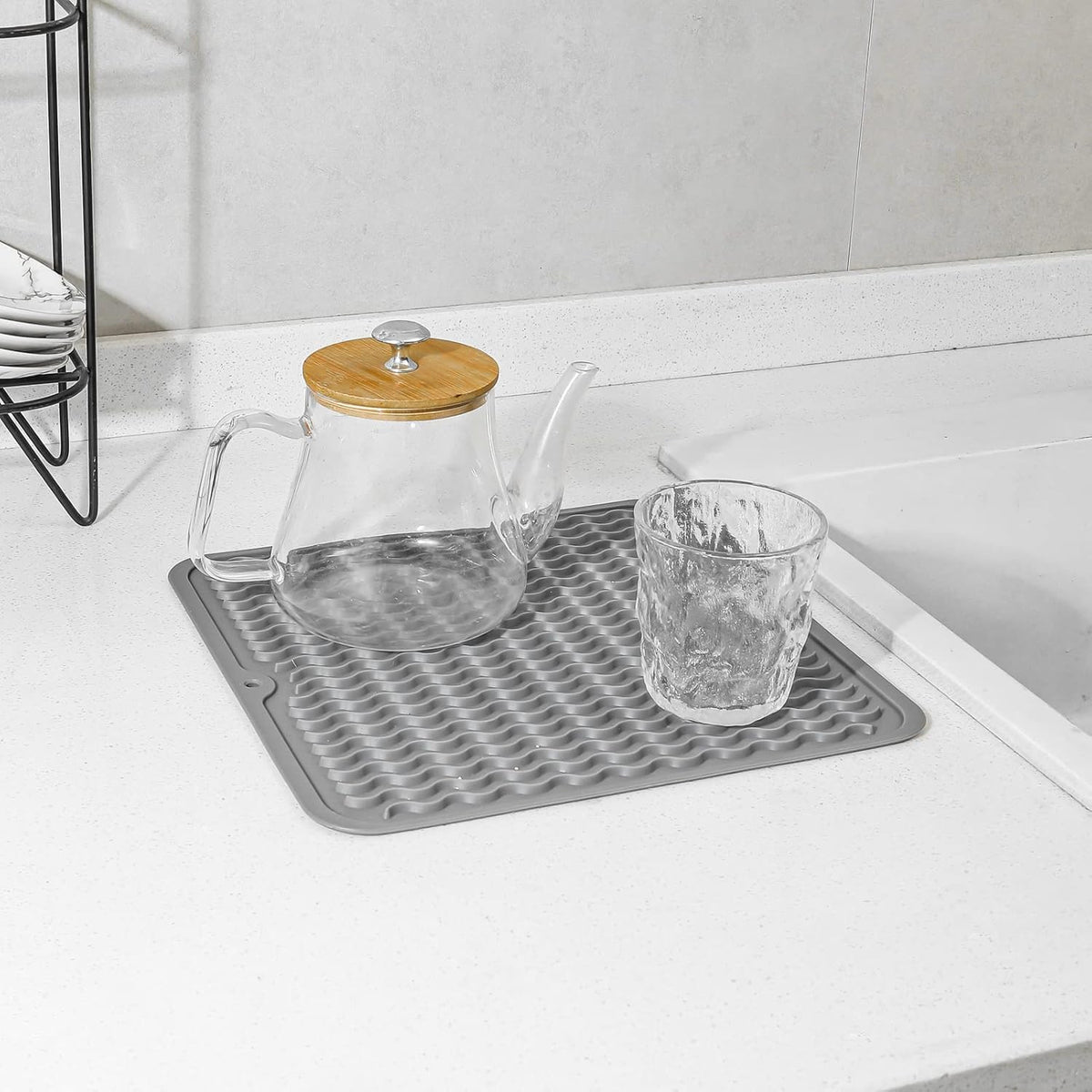 Silicone Dish Drying Mat for Multiple Usage,Easy clean,Eco-friendly,Heat-resistant Silicone Mat for Kitchen Counter or Sink,Refrigerator or Drawer liner Grey M 12 inches x 12 inches