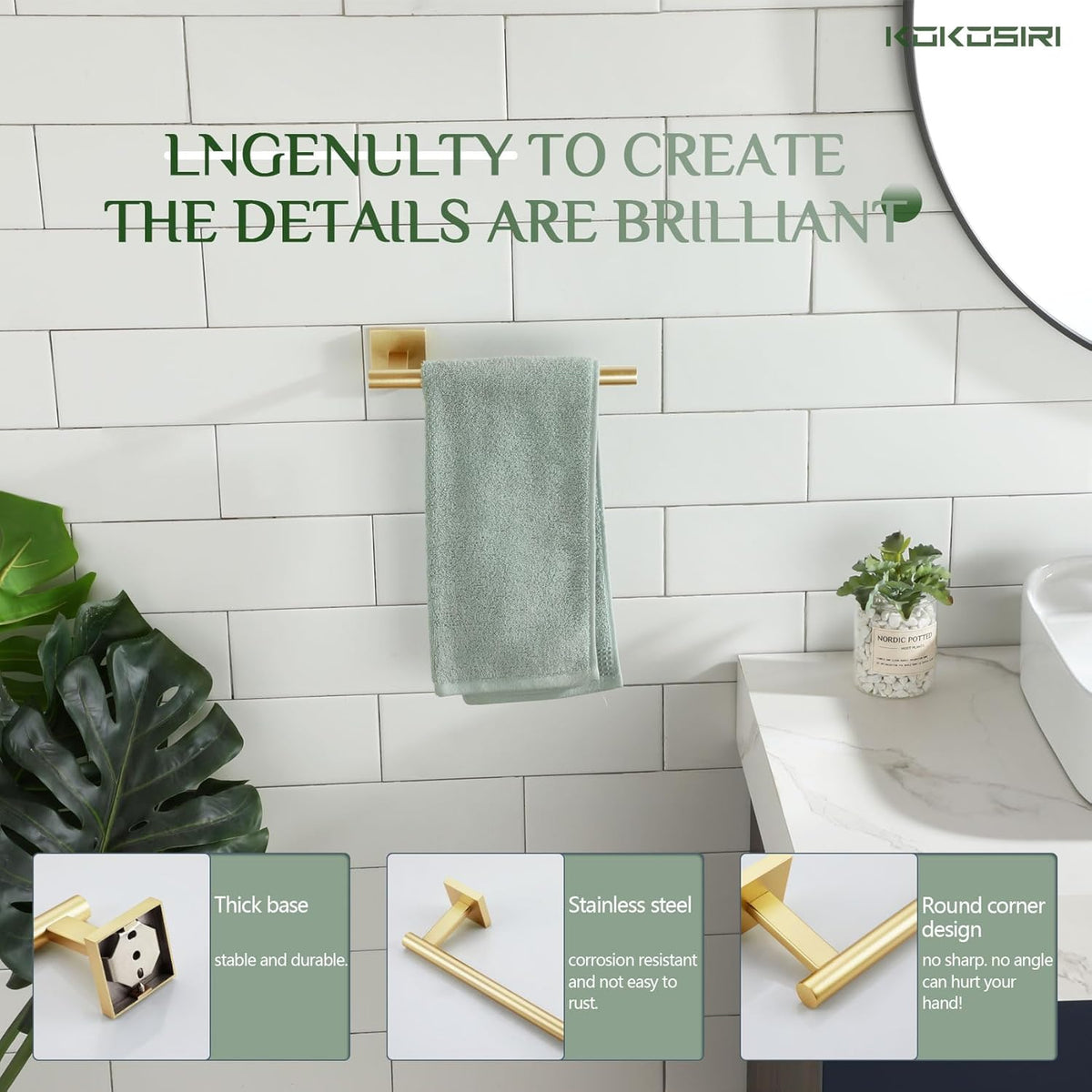KOKOSIRI Bathroom Towel Bar Gold Hand Towel Holders Wall Mount Screw in Toilet Kitchen Rail Stainless Steel Bath Accessories, B3008BG