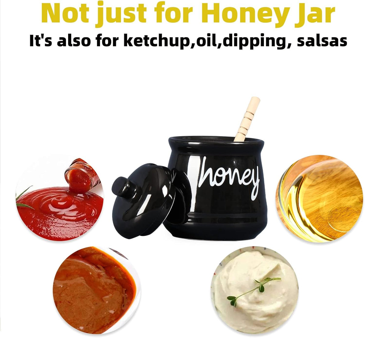 Honey Jar with Dipper and Lid, Ceramic Honey Pot 12oz, Black