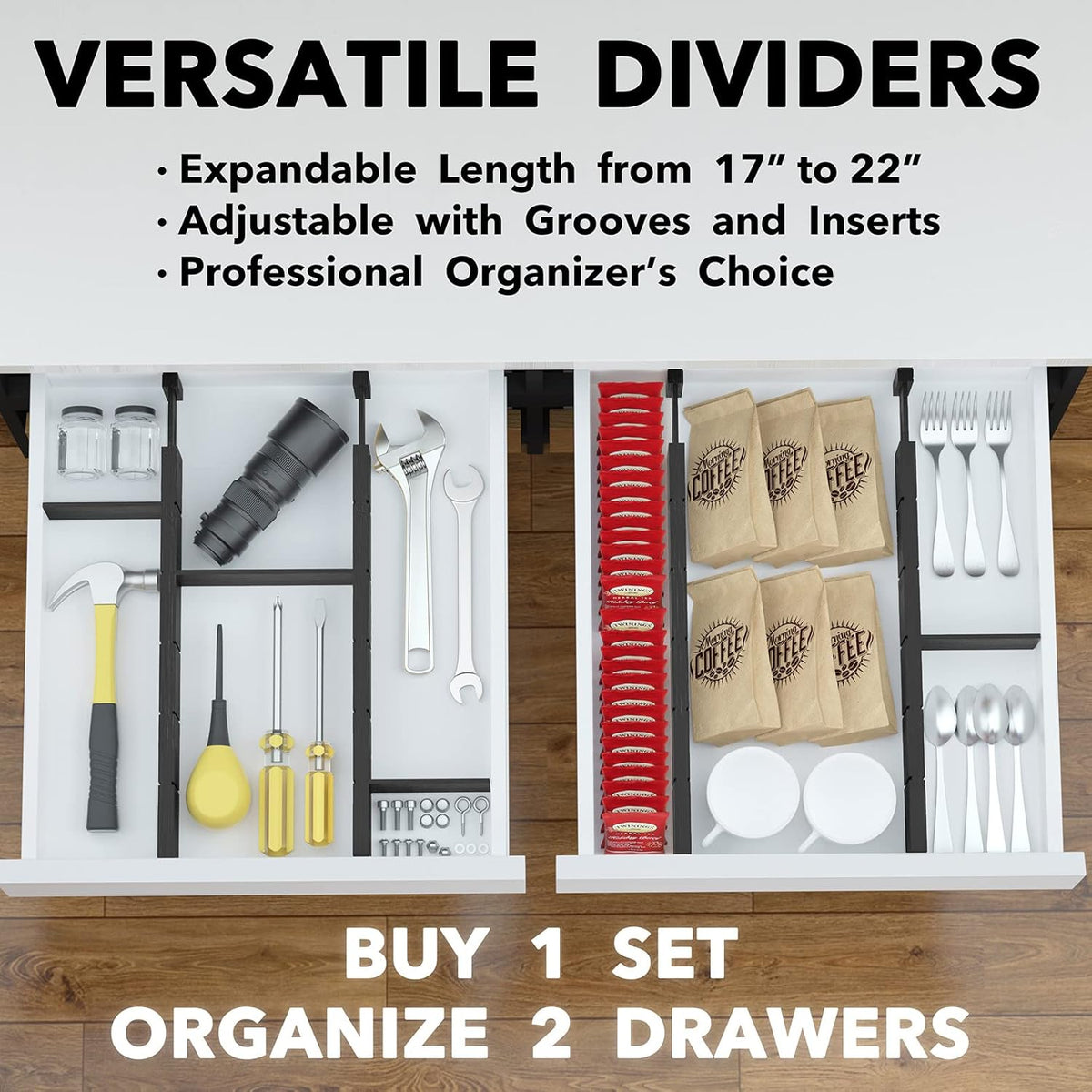 SpaceAid Bamboo Drawer Dividers with Inserts and Labels, Kitchen Adjustable Drawer Organizers, Expandable Organization for Home, Office, Dressers, 4 Dividers with 9 Inserts (17"-22" Black)