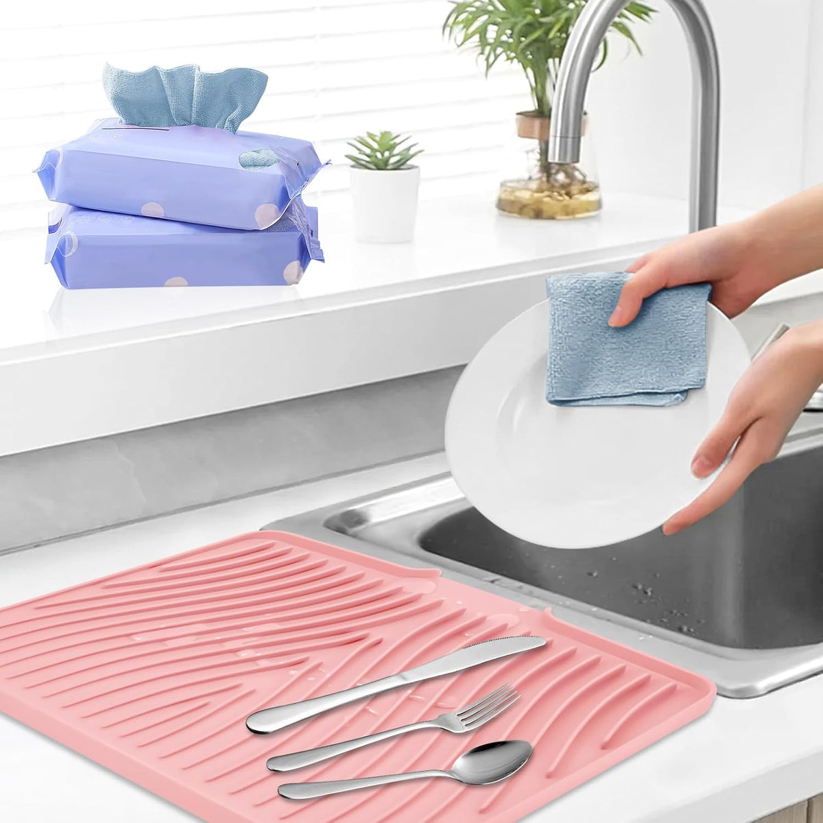 Silicone Dish Drying Mat, Stone Drying Mat for Kitchen Counter with Built-in Drain, Non-Slip 15.8" X 13" Drying Matt Kitchen Counter and Grey Microfiber Cleaning Cloth, Cleaning Rags Set(Pink)