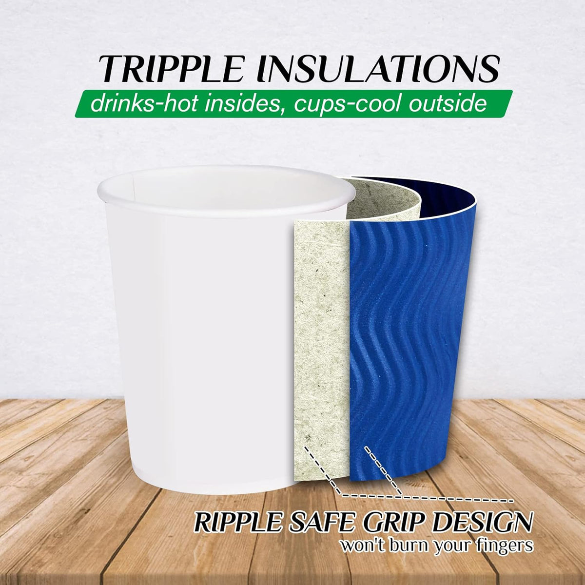 JollyPack 120 Pack 8 oz Paper Coffee Cups, Blue Disposable Beverage Cups with Insulated Ripple Wall for Coffee, Tea, and Hot Chocolate