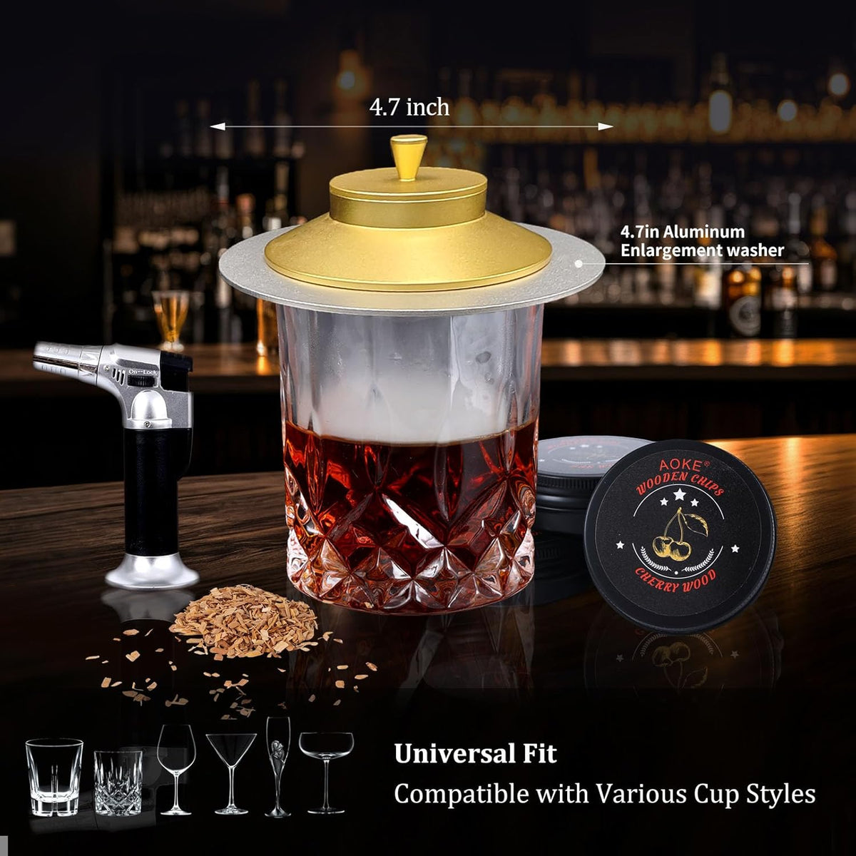 Cocktail Smoker Kit with Torch, 2 Pack Whiskey Smoker Kit Metal Old Fashioned Smoker kit, Birthday Bourbon Whiskey Gifts for Men Dad Husband, 4.7in Expansion Disk, 6 Flavors Wood Chips(No Butane)