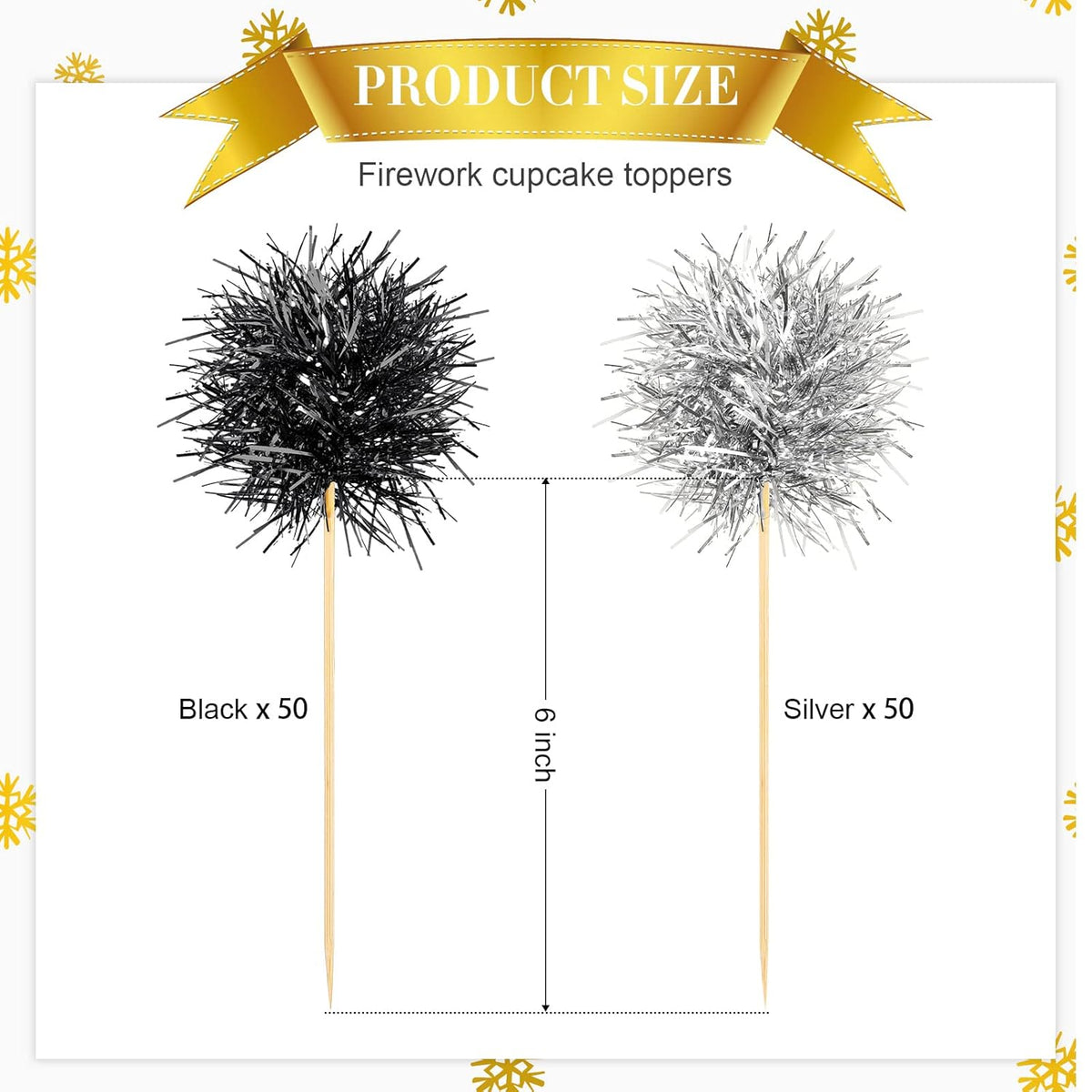 Chinco 100 Pcs Foil Firework Cupcake Toppers Sparkle Tinsel Cake Toppers Cake Decoration Cocktail Fruit Toothpick for Birthday Wedding Graduation Party(Silver, Black)