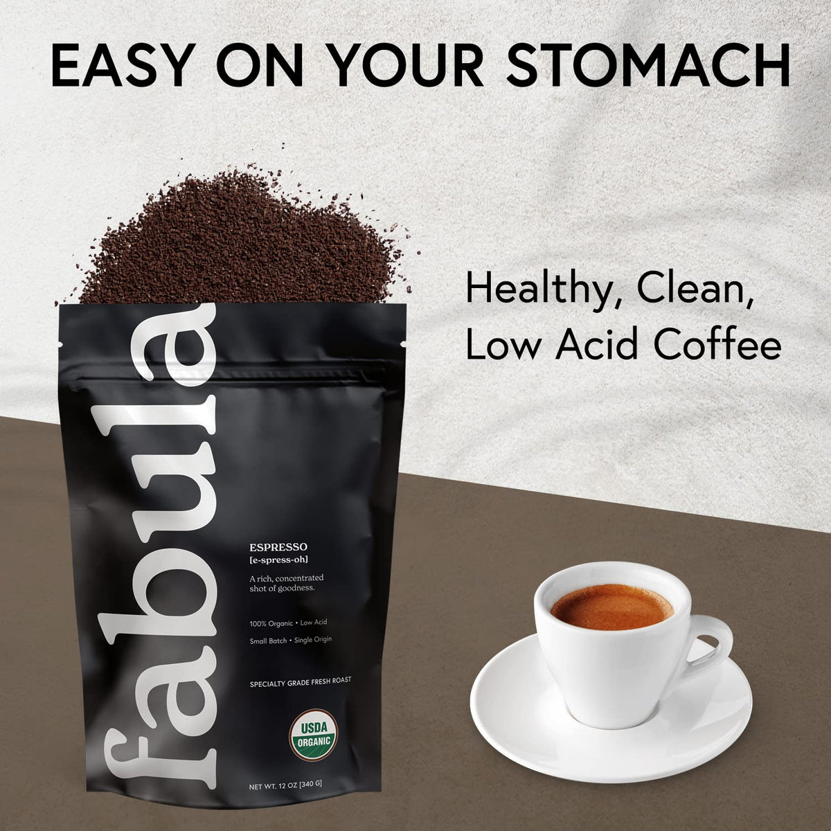 Fabula USDA Organic Espresso Coffee, Freshly Ground Espresso Low Acid Coffee, Non-GMO, No Molds, Mycotoxins Pesticides Free, Single Origin Coffee 12 oz