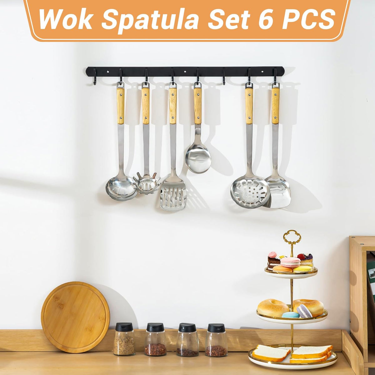 FJNATINH Cooking Utensils - Spatula and ladle Set with Wood Handle, 6 Pieces Wok Utensils Tools - Wok Accessories Cookware Set