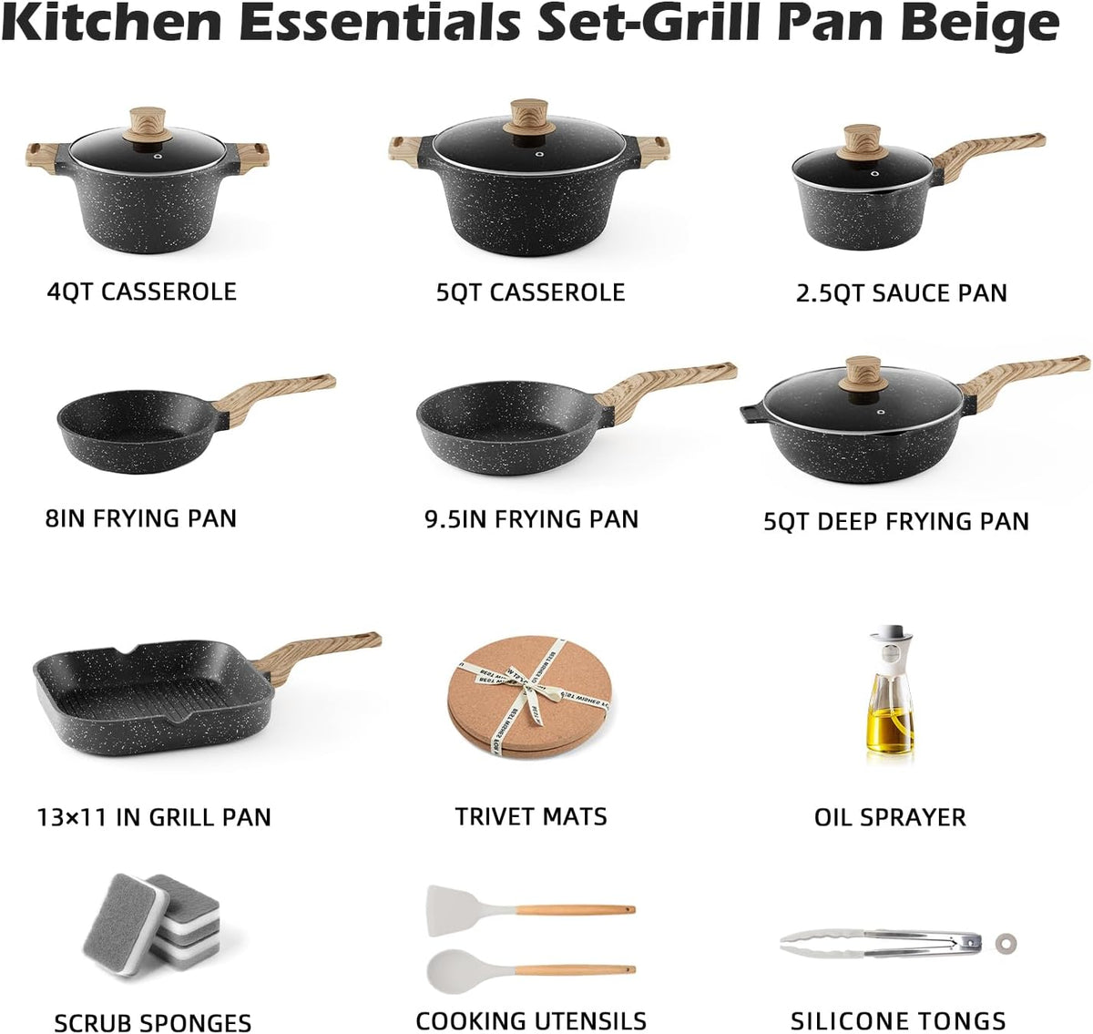 Caannasweis Pots and Pans Set, Nonstick Kitchen Cookware Sets, Granite Pots and Pans, Cooking Pans Pots Set (Classic Black, 20 Piece Grill Pan Set)