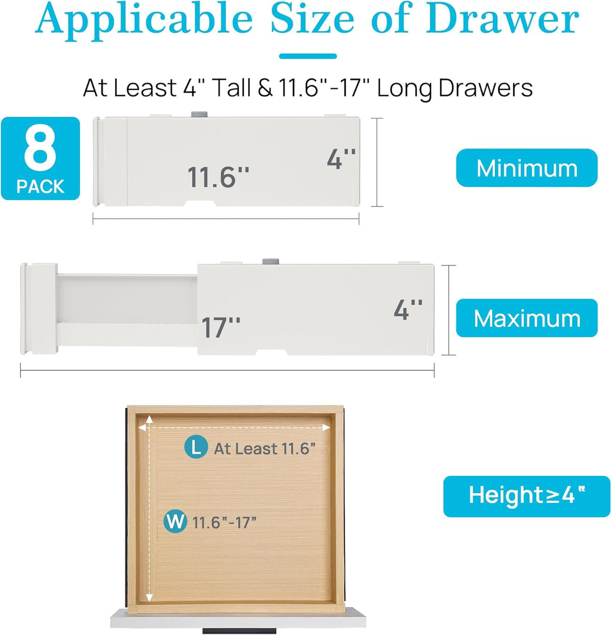 Vtopmart Drawer Dividers for Clothes 8 Pack, Adjustable 4" High Expandable from 11.6"-17" Dresser Drawer Organizer, Plastic Drawers Separators for Dresser, Baby Clothes, Kitchen and Office Storage