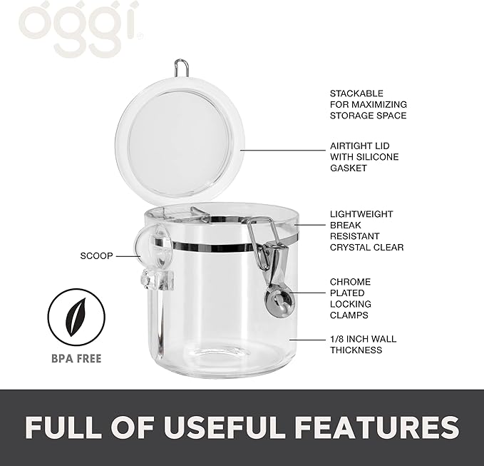 Oggi 4pc Clear Canister Set with Clamp Lids Airtight Containers in Sizes Ideal for Kitchen & Pantry Storage of Bulk, Dry Foods Including Flour, Sugar, Coffee, Rice, Tea, Spices & Herbs