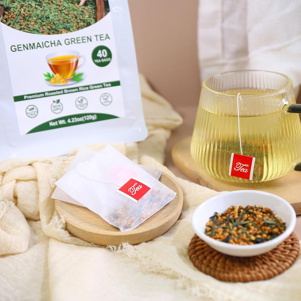TEARELAE - Genmaicha Tea, 40 Count - Genmaicha Green Tea with Roasted Rice - Smooth Flavor - Non-GMO - Low Caffeine