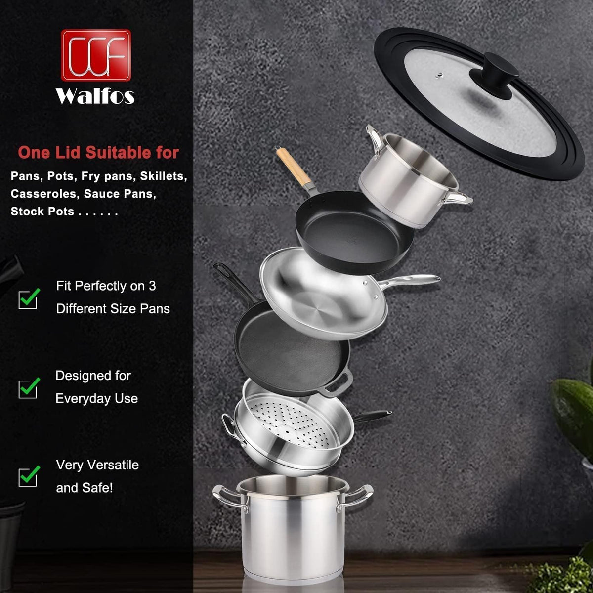Walfos Universal Lid for 9", 10" and 10.5" Diameter Cookware, Fits Pots, Pans and Skillets - Walfos Tempered Glass Pan Lid with Heat Resistant Silicone Rim, BPA Free Pot Lids, Dishwasher-Safe, Black