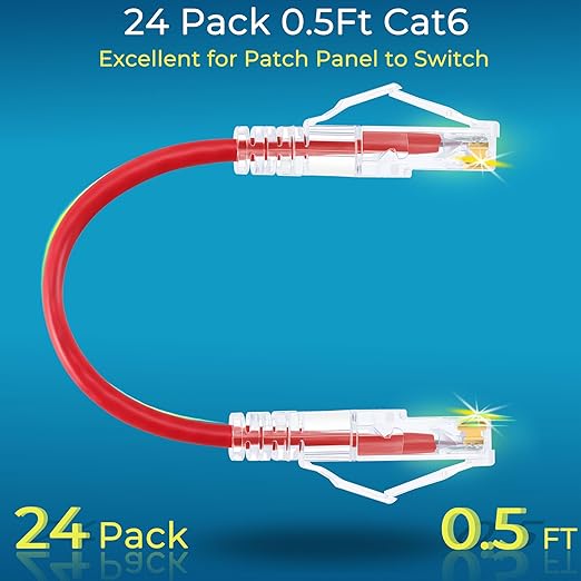 Rapink Slim Cat6/ Cat6a 0.5ft (24 Pack) Ethernet Patch Cable - 10G Support, Snagless, Flexible