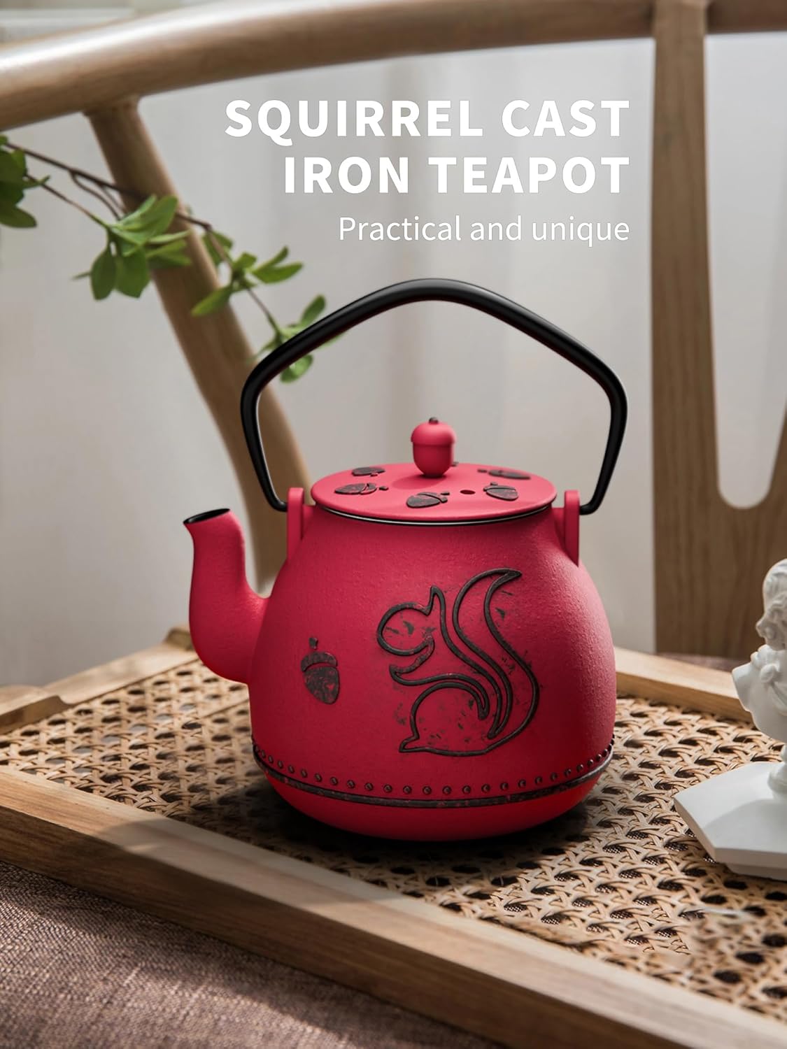Toptier Teapot with Removable Infuser, Cast Iron Tea Kettle Stovetop Safe, Squirrel Design Tea Pot Coated with Enameled Interior for 32 Ounce (950 ml), Red