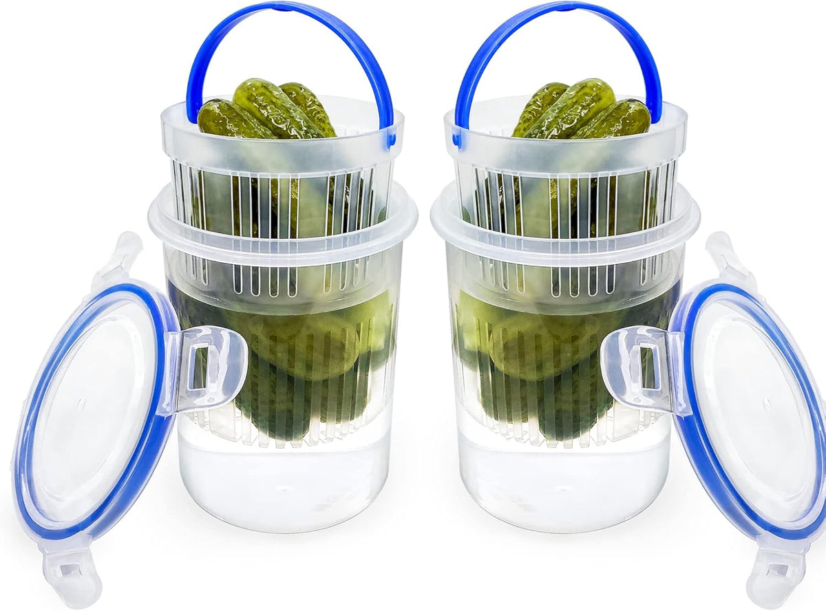 Pickle Jar 24oz 2Pack Pickle container with strainer Pickle Holder Keeper Lifter, pickle storage container pickle strainer, Flip Jar with Leak Proof and Lock It Lid