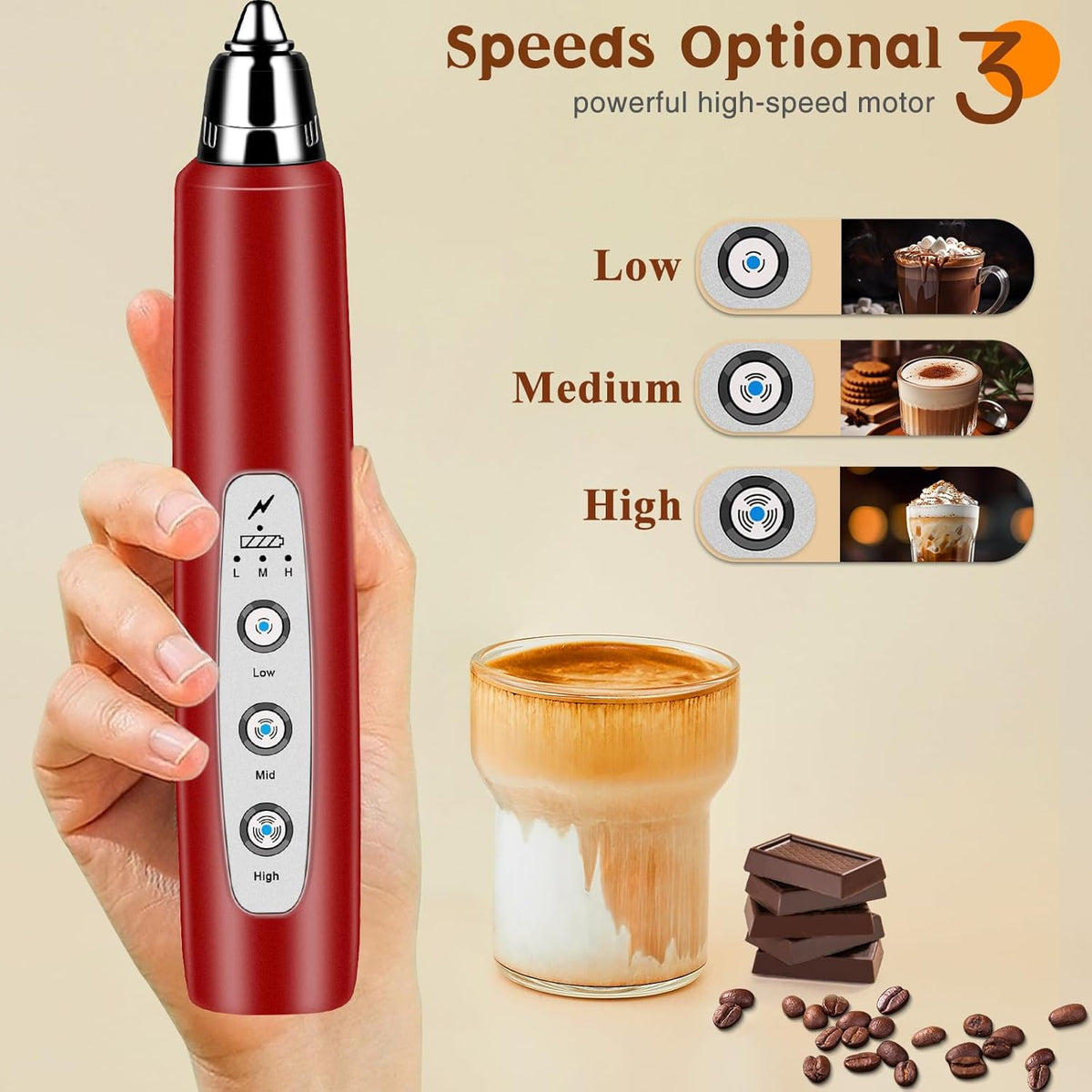 Milk Frother Handheld Rechargeable with Stand, Frother Wand Drink Mixer Electric Whisk for Coffee, Detachable With 3 Stainless Whisks, Hand Mixer for Lattes, Cappuccino, Matcha, Egg, Red