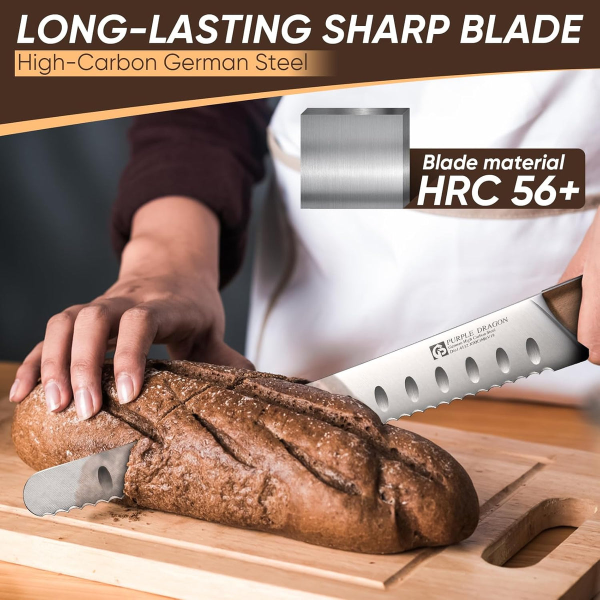 Purple Dragon Bread Knife for Homemade Bread, Serrated Knife, German High Carbon Steel Slicing for Sourdough, Cake and Fruits, Gift Box, Anniversary Idea Gift - Rounded