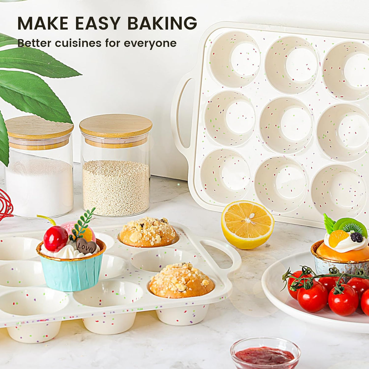 1Pack Silicone Muffin Pan for Baking with Metal Reinforced Frame, 12 Cup Regular Size Cupcake Pan, BPA Free Silicone Muffin Tray, Cupcake Baking Pan Molds for Oven Dishwasher Safe - Cream