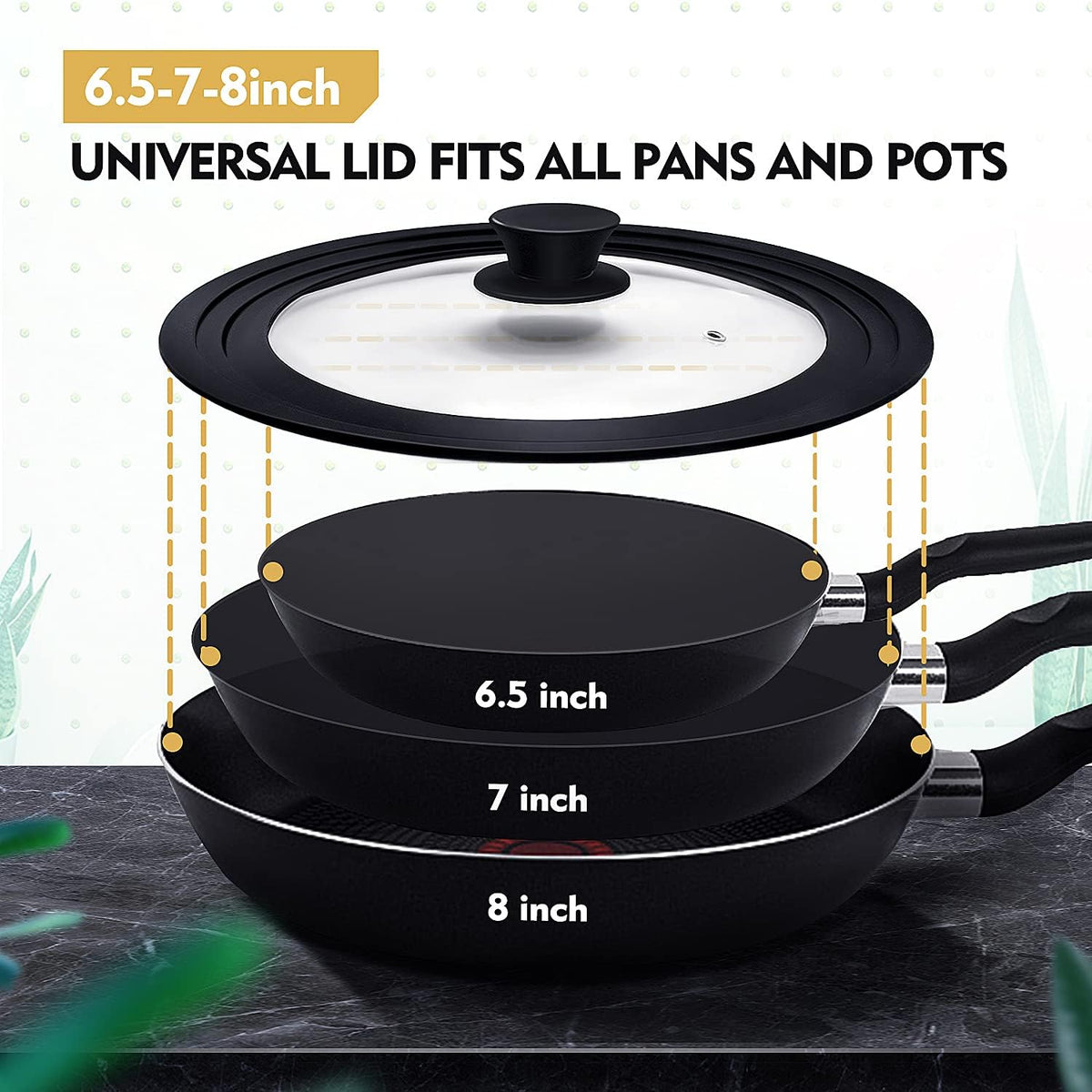 Universal Lid for Pots, Pans and Skillets, Pot Lid With Heat Resistant Silicone Rim and Tempered Glass,Fits 6.5", 7", 8" Diameter Pots and Pans