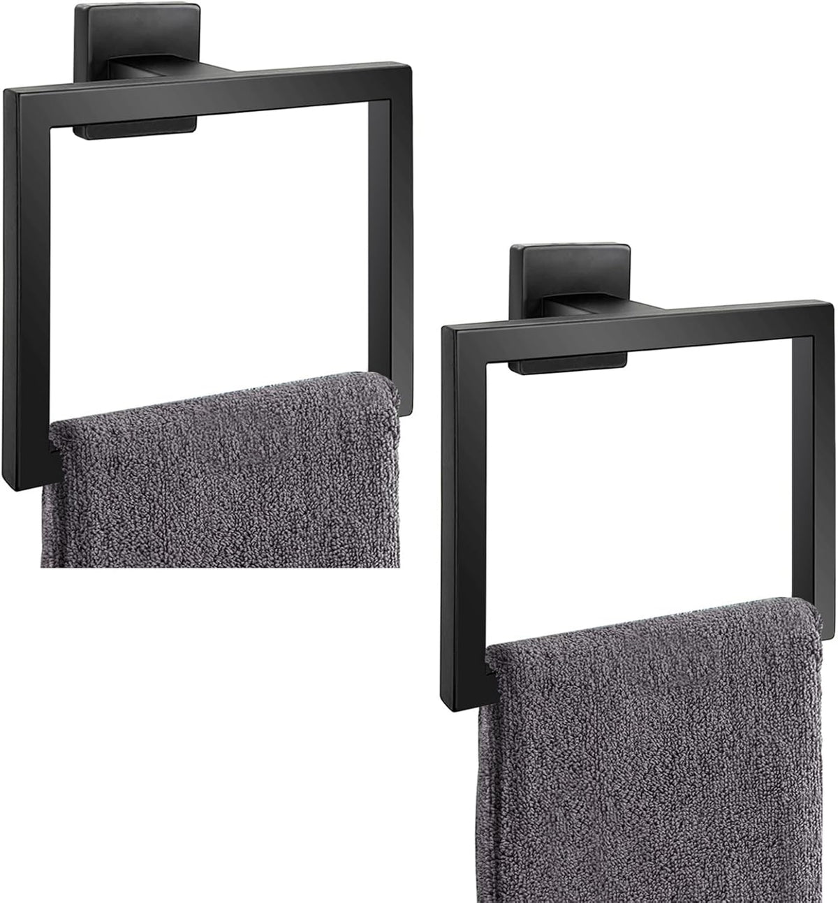 2-Piece Matte Black Square Towel Ring,Modern Hand Towel Holder for Bathroom,SUS304 Stainless Steel Towel Hangers Wall-Mounted