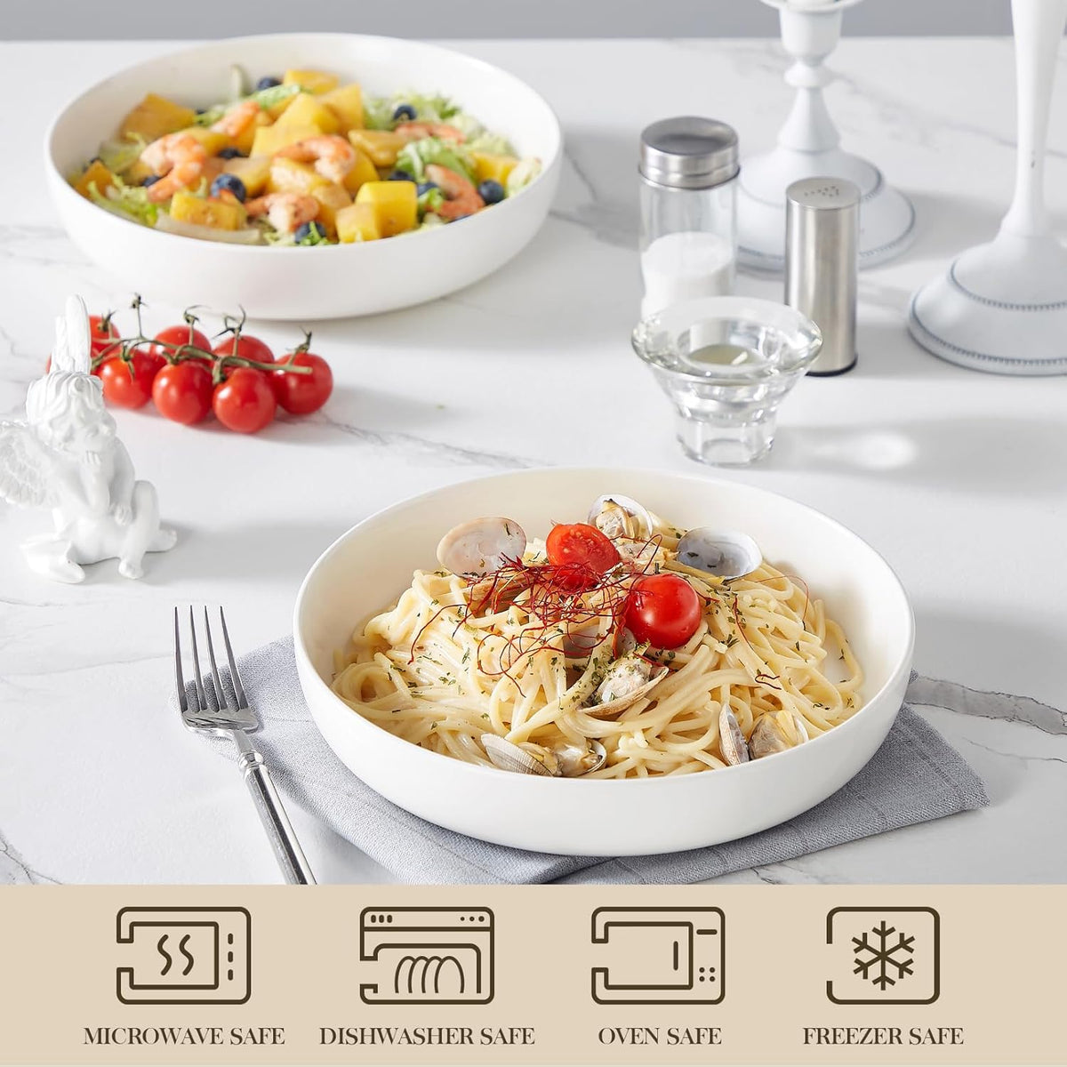 MALACASA 48 Oz Pasta Bowls Set of 4, 9 Inch Salad Bowls, White Ceramic Serving Bowls for Kitchen, Microwave & Dishwasher Safe, Series LUNA, White