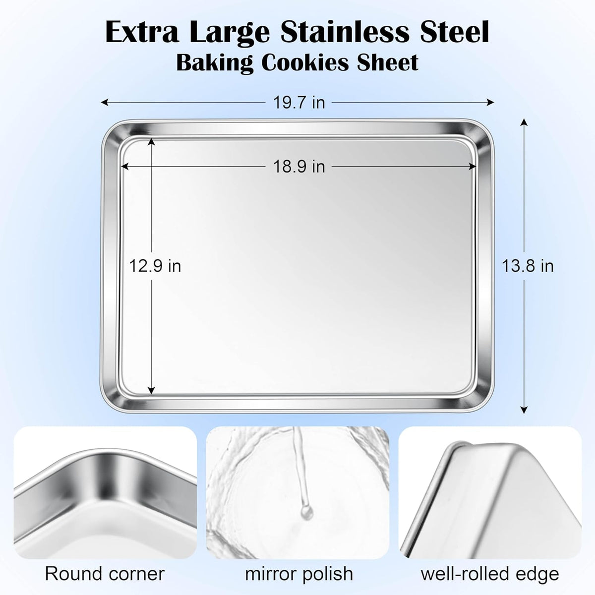 E-far Large Baking Sheet, 20”x14” Stainless Steel Cookie Sheet Pan for Oven, Non Toxic Metal Baking Tray for Cake Cookies, Healthy & Rust Free, Mirror Finish & Dishwasher Safe, 1 Pack