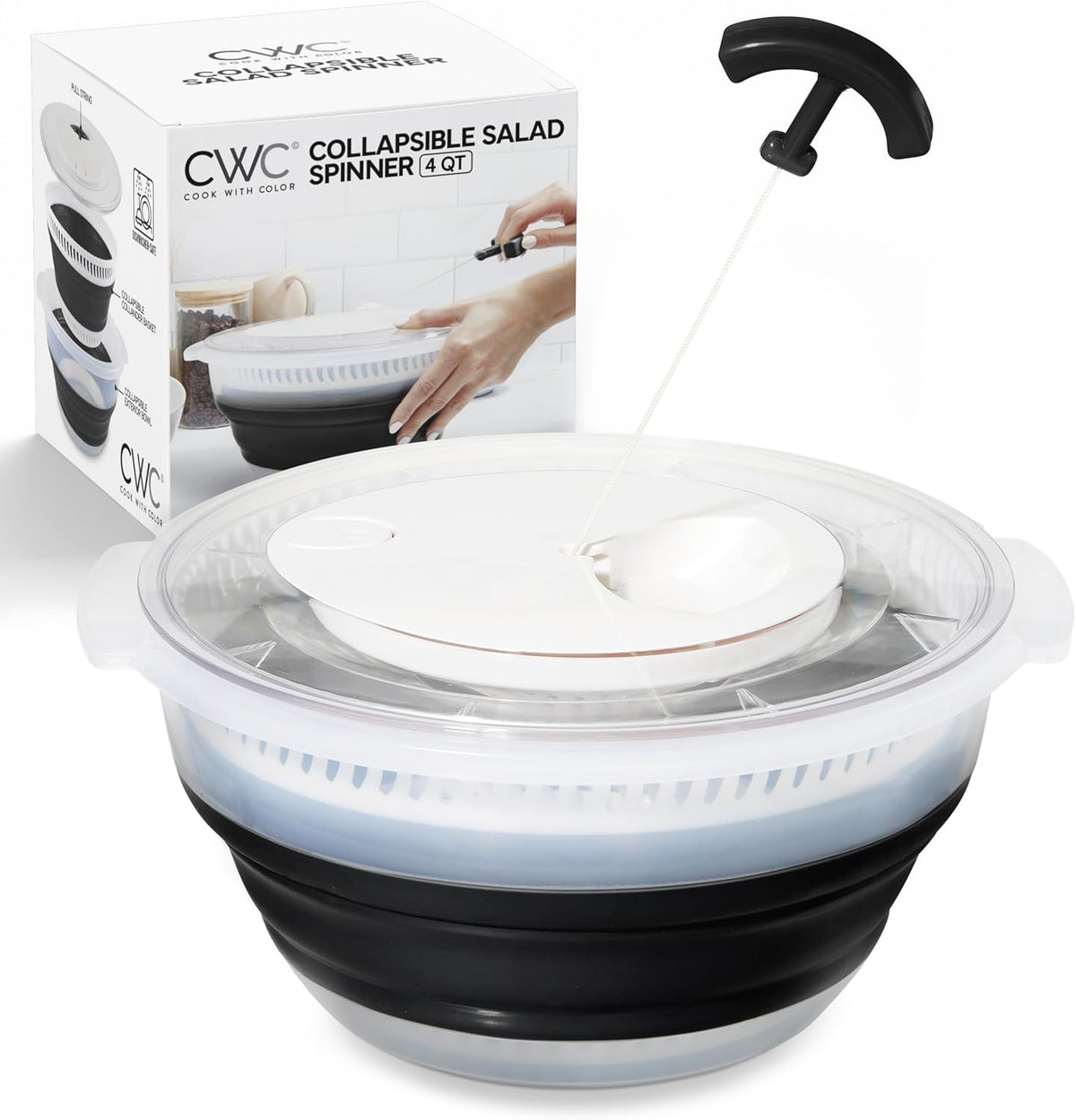 COOK WITH COLOR Collapsible Salad Spinner - 4 QT Space Saving Lettuce Dryer with Folding Collapsible Colander Great for Washing and Drying Fruit and Vegetables (Black)