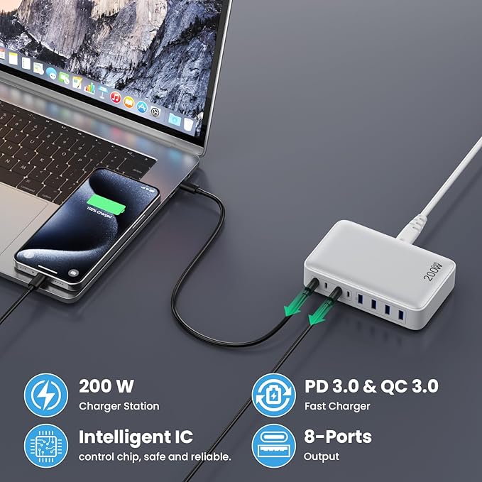 USB C Charger 200W USB C Charger Block,Upgraded GaN III 8-Port Fast Charging Station Hub,PD 65W Laptop Charging Adapter Compatible with MacBook Pro/Air,DELL,Steam Deck,iPhone 16/15/14,Galaxy S23/22