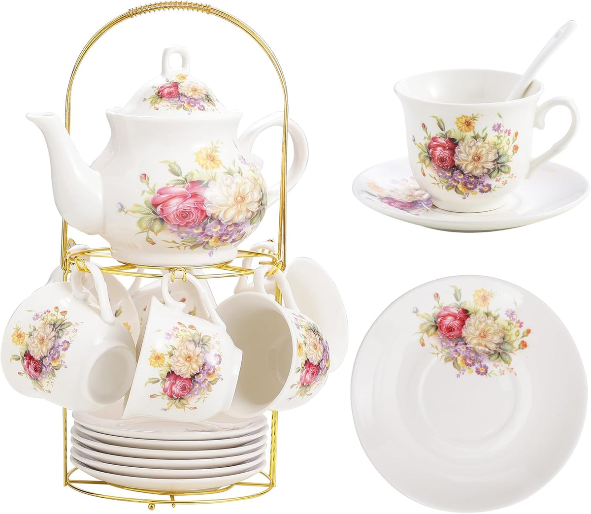 20-Pieces Porcelain Tea Sets For Women, Tea Set For Adult with Golden Metal Rack,Tea Gift Sets for Home&Party(012)