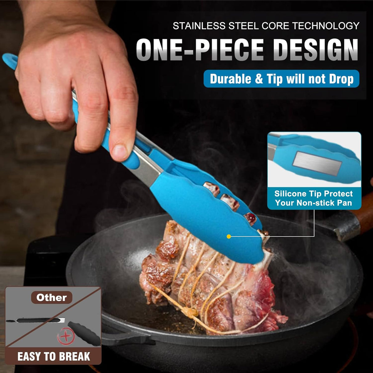 Walfos Kitchen Tongs - 7" 9" and 12" Heat Resistant Food tongs, Thickened Stainless Steel and BPA Free Silicone Tips, Great for Cooking, Grilling, Turning, Dishwasher safe(3 blue silicone tongs)
