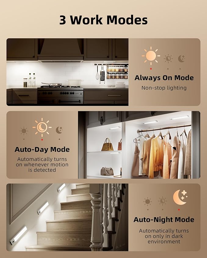 EZVALO 3 Pack Under Cabinet Lighting, 4000mAh Rechargeable Motion Sensor Light, 16inch Magnetic Closet Lights with Dimmable & 3 Color Temps, Wireless Motion Activated Lights with Remote for Kitchen