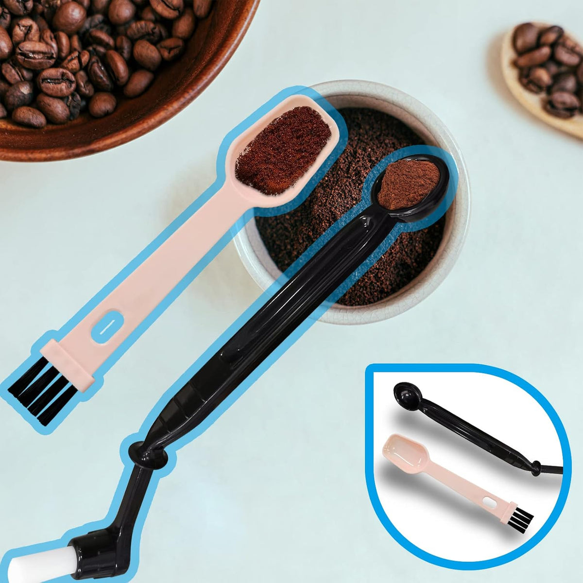 7 Pcs Coffee Machine Cleaning Brush, Espresso Machine Brush with Detachable Head, Wooden Plastic Brush with Bristles for Grinder, Plastic Spoon with Brush & 2Pcs Espresso Steam Wand Brushes