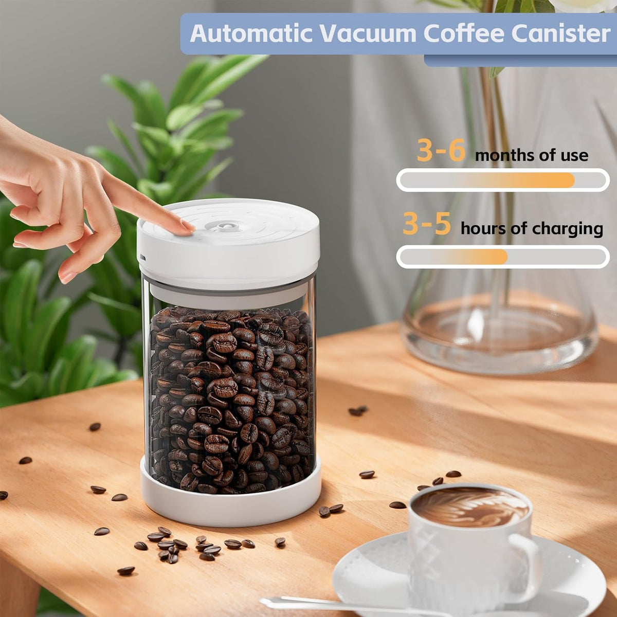 Auto Vacuum Coffee Container, 1.1L/16oz Airtight Food Storage Containers, Coffee Bean Storage Canister, Glass Storage Jars for Beans & Food