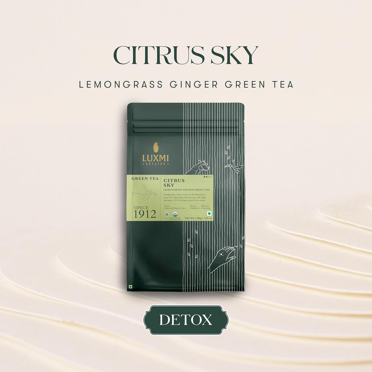 Luxmi Estates Citrus Sky Lemongrass Ginger Green Tea 200g Loose Leaf Pack | Certified Organic Darjeeling Green Tea | Citrus Flavor & Aroma | Natural Lemon Balm Tea - Calming, Supports Digestion | Lemon Grass Leaves | 100 Cups