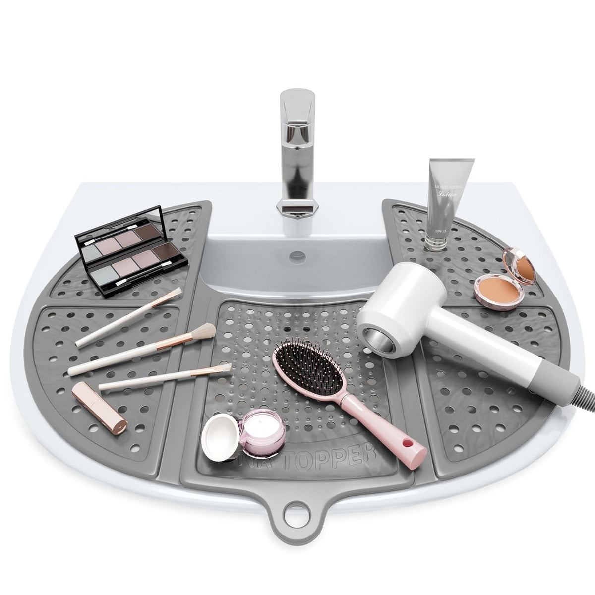 Sink Topper Bathroom Counter Cover & Storage Saver, Foldable Silicone Mat for Hot Tools, Hair Styling & Makeup, Beauty Brush Cleaning Mat, RV Camper Sink Cover & for Small Spaces (Standard Silver)