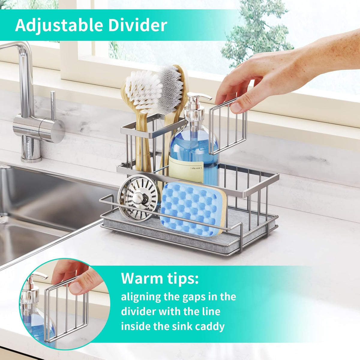 HapiRm Sink Caddy Sponge Holder - Kitchen Sink Organizer with Instant Drying Stone and Brush Holder, Stainless Steel Sponge Caddy for Kitchen Countertop - Brushed Nickel