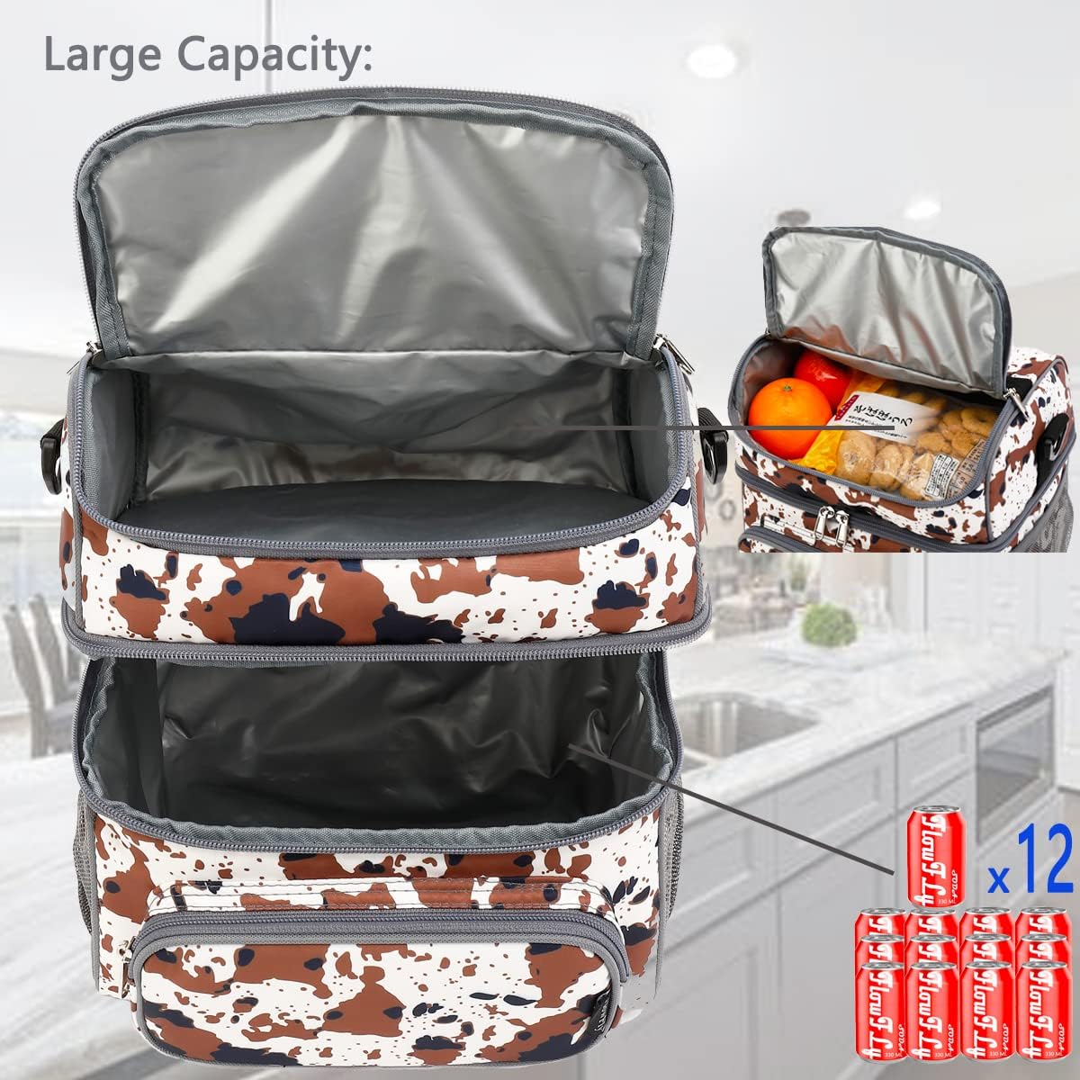 FlowFly Double Layer Cooler Insulated Lunch Bag Adult Lunch Box Large Tote Bag for Men, Women, With Adjustable Strap,Front Pocket and Dual Large Mesh Side Pockets