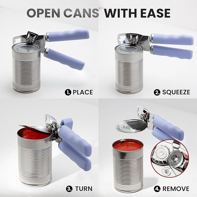 Zulay Kitchen Heavy Duty Stainless Steel Can Opener Manual with Bottle Opener - Rust Proof Manual Can Opener With Turn Knob & Comfy Soft Grip Handles - Periwinkle