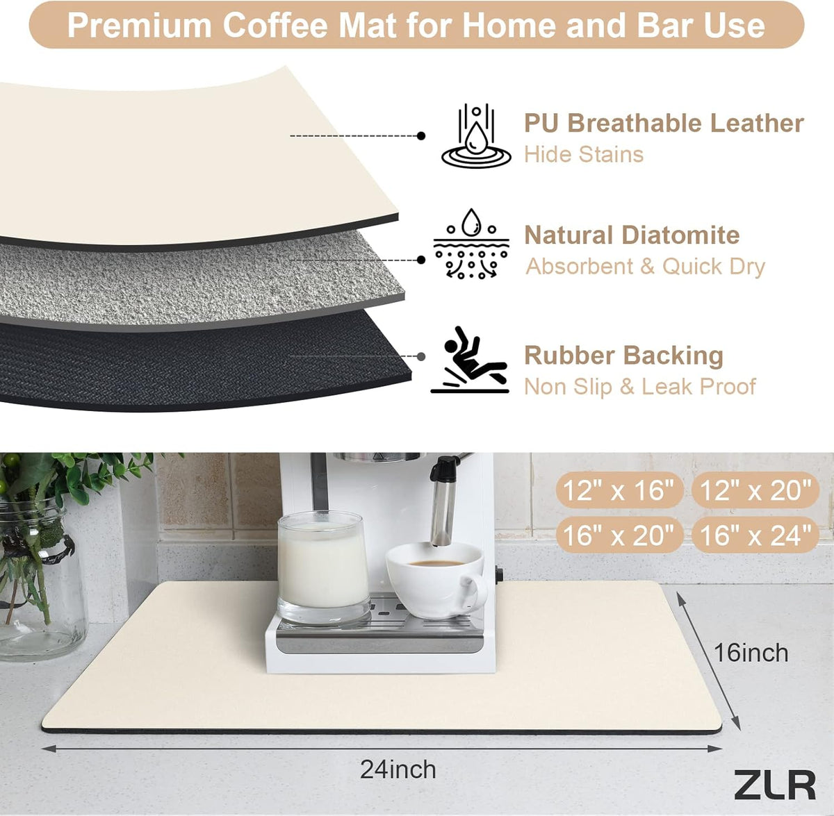 ZLR Coffee Mat - 16" x 24" Extra Large Kitchen Hide Stain Absorbent Dish Drying Mat for Countertop - Easy to Clean Coffee Bar Mat for Espresso Machine and Spill Protection - Creamy