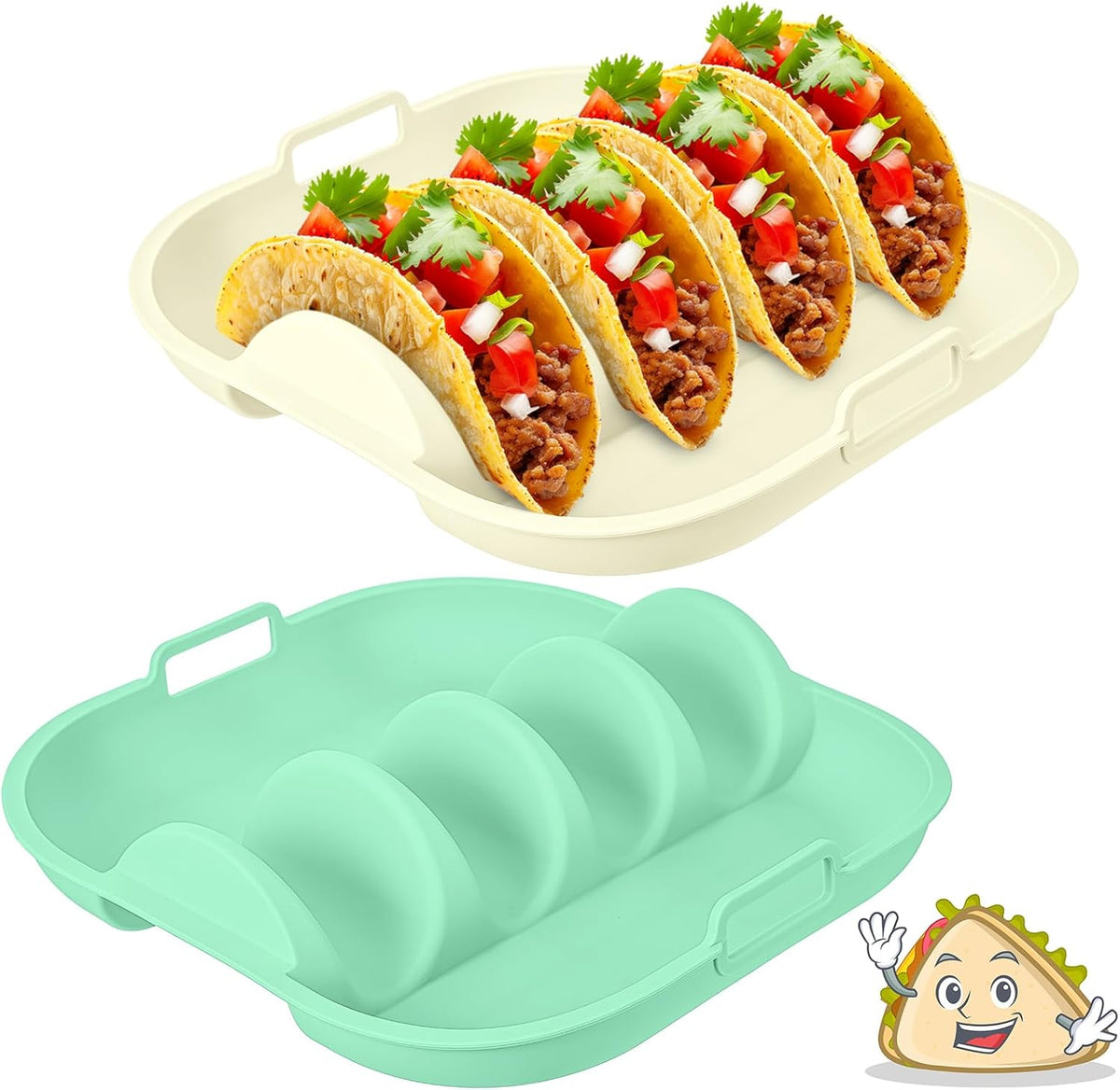Remerry Silicone Taco Holder Plates Set of 2 Colorful Reusable Taco Holder with 4-Shell Slots for Hard/Soft Serving Plates Dishwasher Microwave Family Dinner Tortillas Party Serving (Green, White)