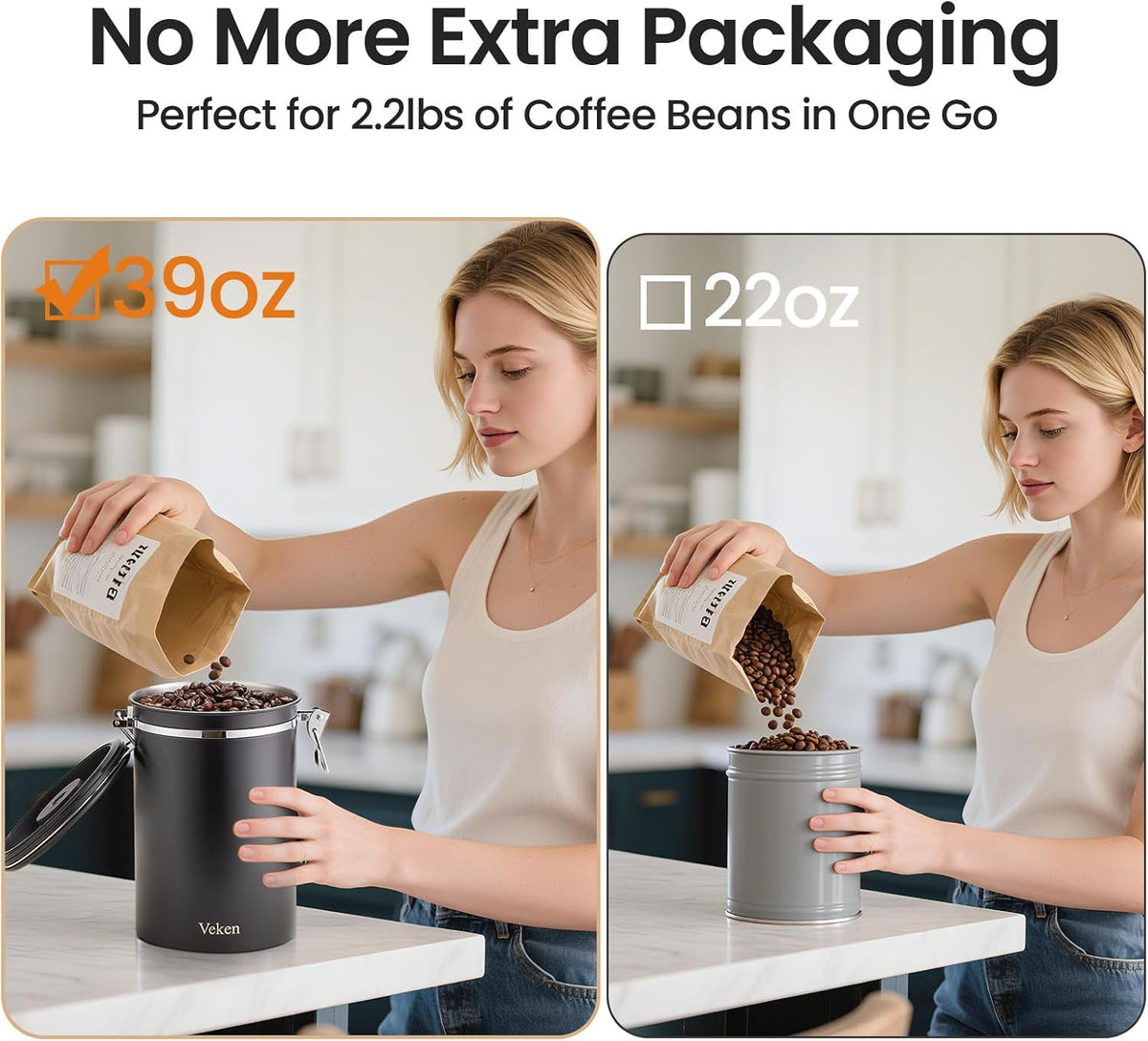Veken Coffee Canister, 39OZ Large, Airtight Stainless Steel Food Storage Container for 2.2lbs Coffee Beans, Ground, Sugar, Tea, Flour, Rice, Cereal, Cookies Jars, Bar Accessories & Gifts, Black